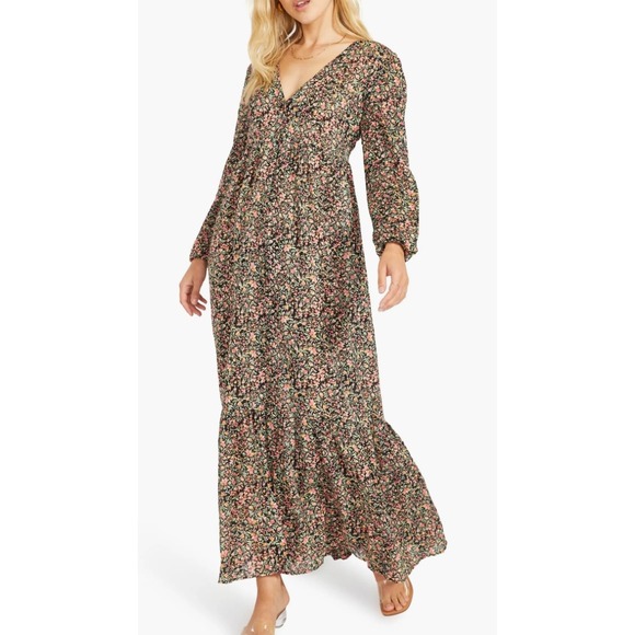 BB Dakota by Steve Madden Dresses & Skirts - BB Dakota Steve Madden Floral Cotton Maxi Dress XS Black Pink Tiered V-Neck Boho